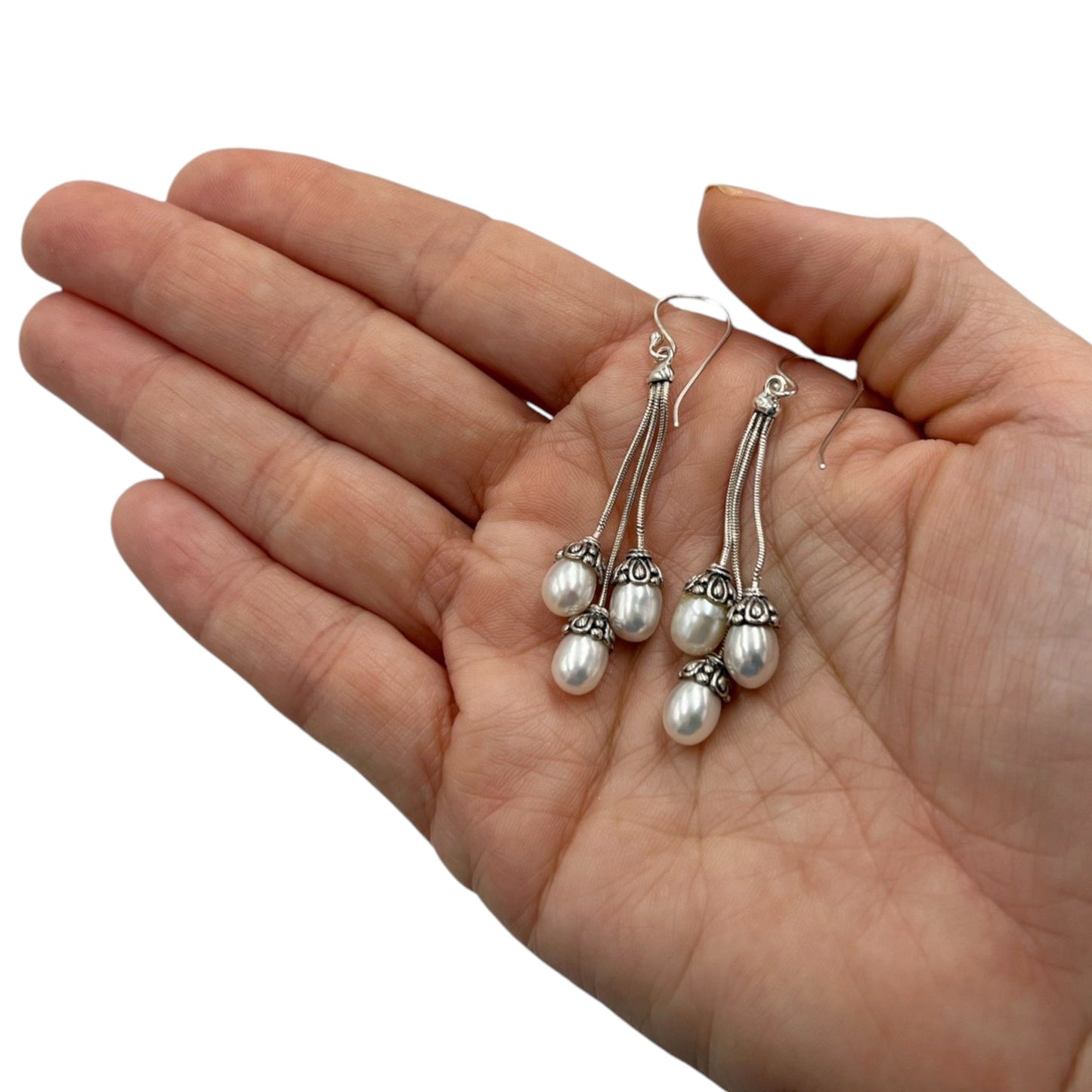 Pearl Earrings on Silver Chains