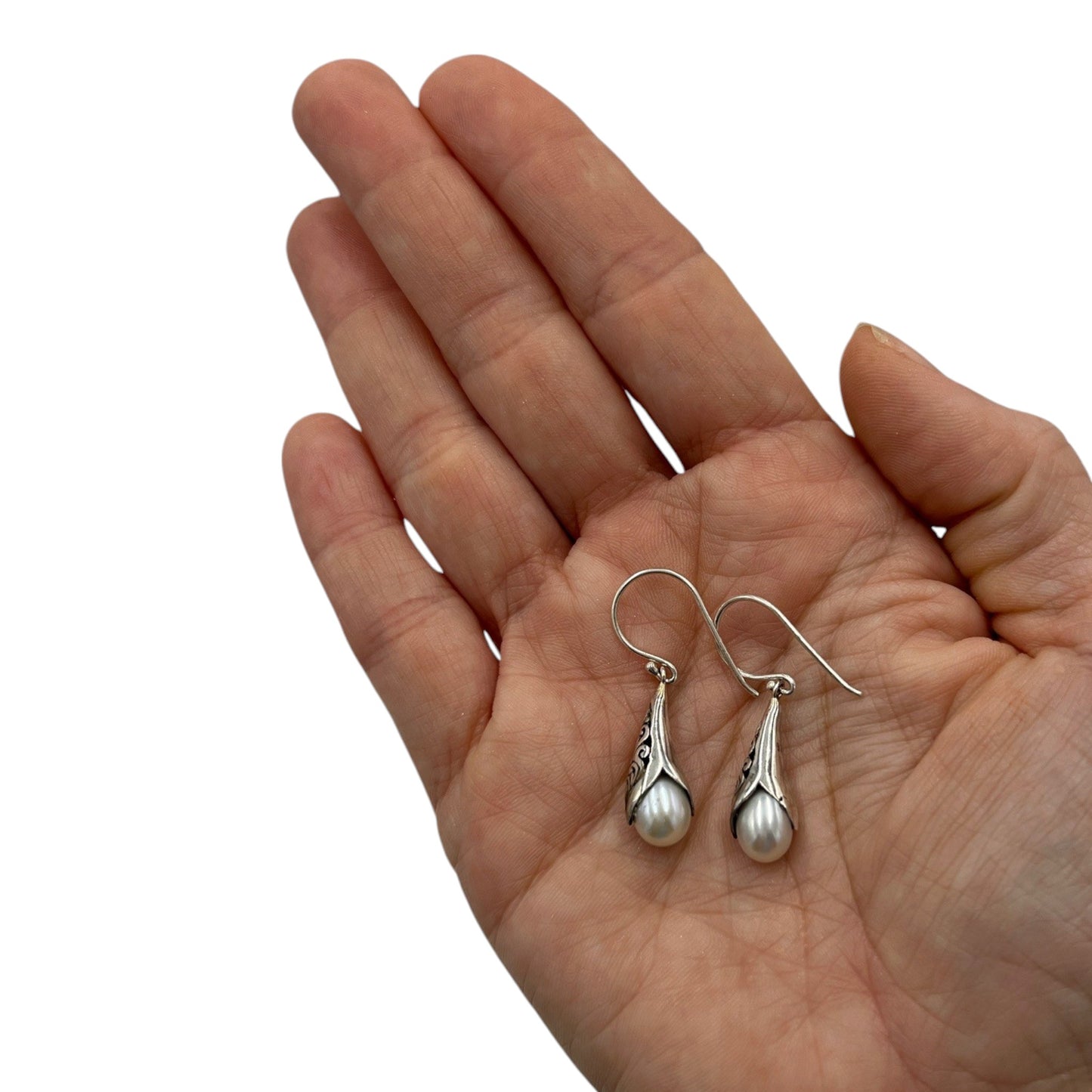 Pearl Earrings in Silver Cone